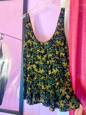 Vintage Abstract Camo Peplum Blouse Double Ruffle Tiered Women’s Extra Small